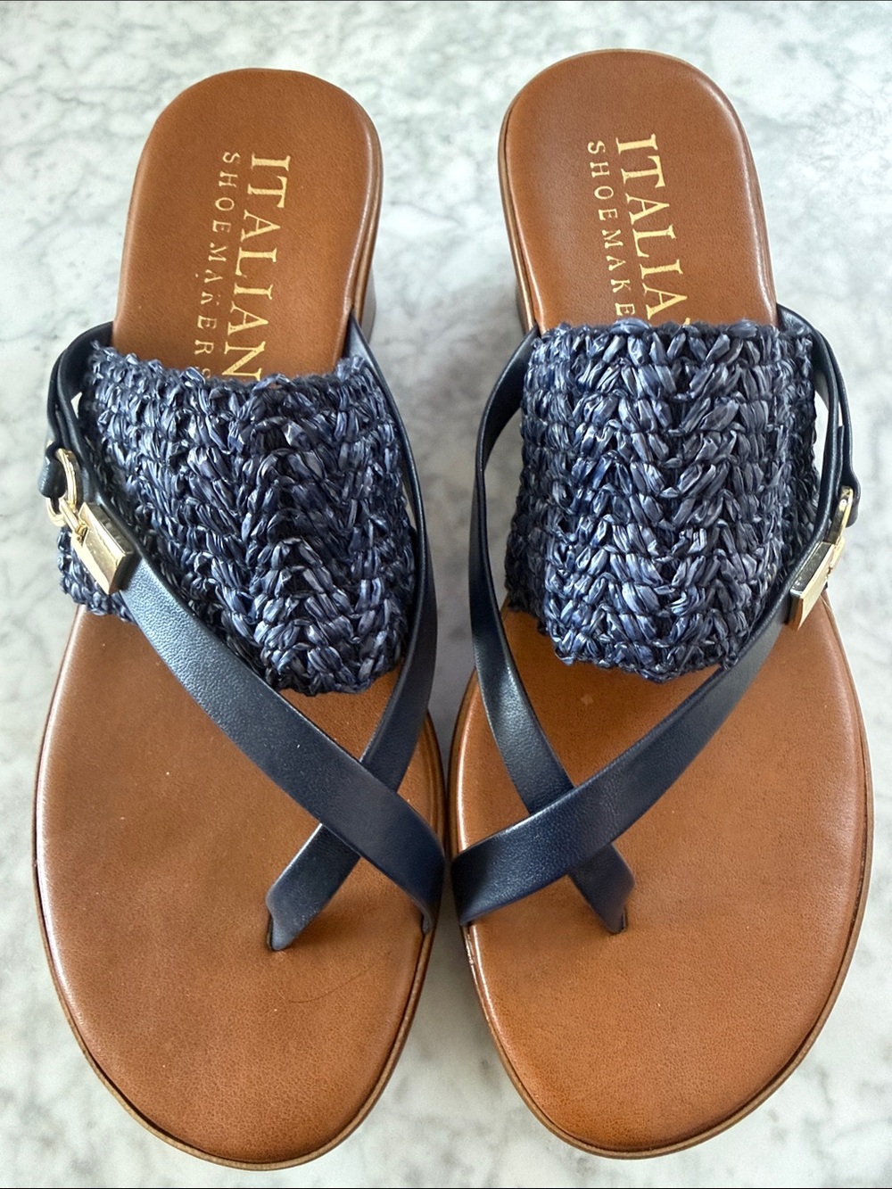 Italian Shoemakers Navy Braided and Leather Cross-Strap Sandals